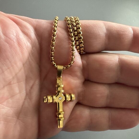 Cubic Zirconia Stainless Steel Cross Pendant Gift Trendy 24” Necklace Gold Tone - Picture 5 of 6